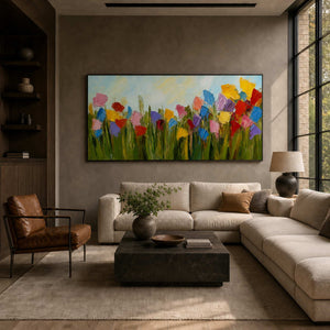 Textured floral wall art displayed in a refined dark modern living room.