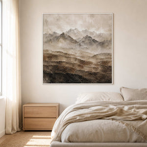 Neutral textured landscape wall art displayed in a cream-white bedroom.