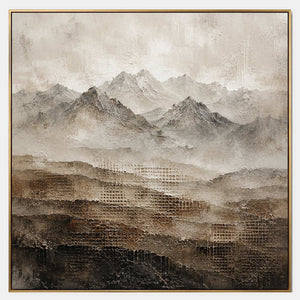 Hand-painted textured mountain landscape in ivory, taupe, brown, and charcoal.
