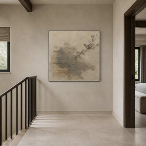 Textured minimalist artwork displayed above a limestone stair landing.
