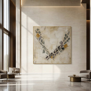 Large neutral Wabi Sabi artwork in an airy hotel art lobby.