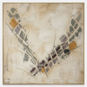 Square textured abstract canvas with converging charcoal, plum, ochre, and ivory marks.