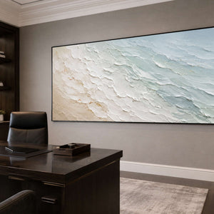 Textured sea-glass and ivory canvas for a modern executive office.