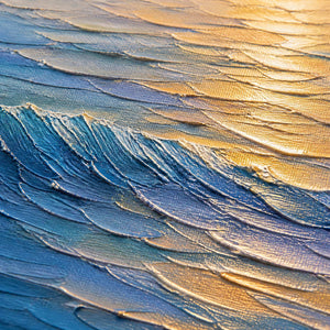 Close-up of layered blue wave texture and warm sunset highlights.