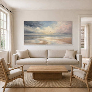 Textured coastal wall art displayed in a bright Long Island living room.