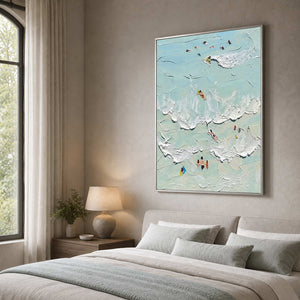 Pale blue coastal painting styled in a calm neutral bedroom.
