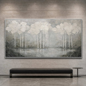 Textured landscape wall art displayed in a refined art institution VIP lounge.