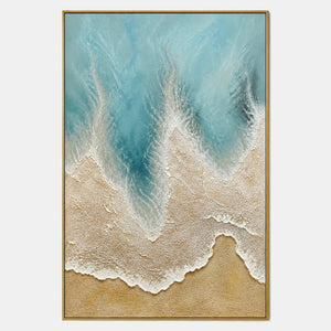 Hand-painted textured coastal wall art with blue, white, and earth tones tones.
