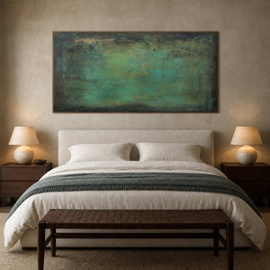 Atmospheric green textured wall art above a quiet modern bedroom.