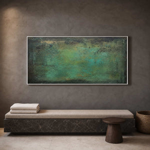 Verdigris textured abstract artwork in a dark mineral spa area.