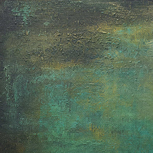 Close-up of verdigris green, charcoal, and gold hand-painted texture.