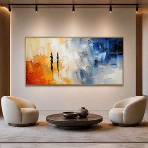 Panoramic textured abstract canvas in a minimalist gallery lounge.