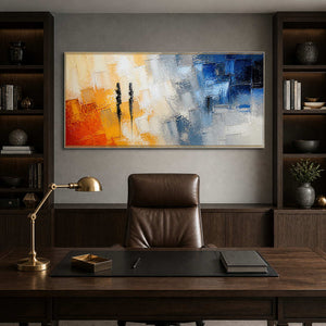 Modern panoramic abstract painting displayed in a refined dark wood office.