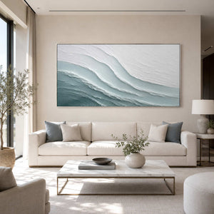Panoramic coastal wall art in a bright contemporary living room