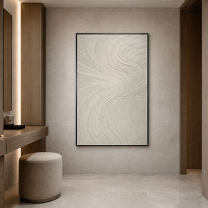 White textured abstract wall art displayed in a serene luxury bathroom.