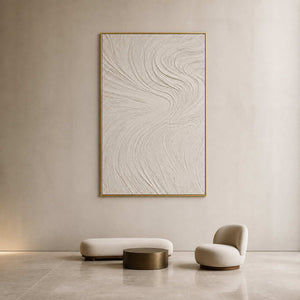 Minimalist white Wabi Sabi wall art displayed in an upscale hotel lobby.