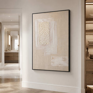 Serene neutral Wabi Sabi canvas in a spa-like bathroom.