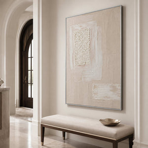 Vertical ivory textured artwork styled in an elegant entryway.