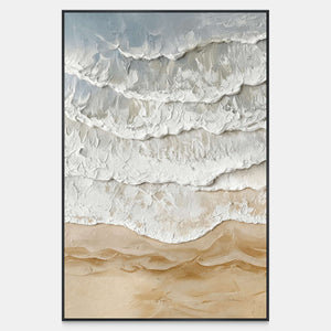 Front view of Whispering Tides, with pale blue-gray waves and layered white foam meeting warm beige sand.