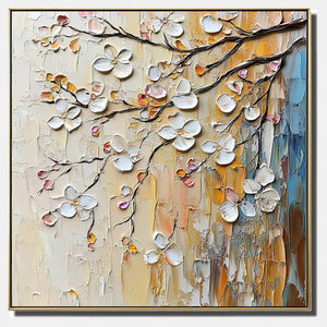 Hand-painted textured floral wall art with white, warm tones, and blue tones.