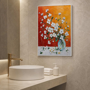 Vermilion floral canvas in a refined bathroom dry area.