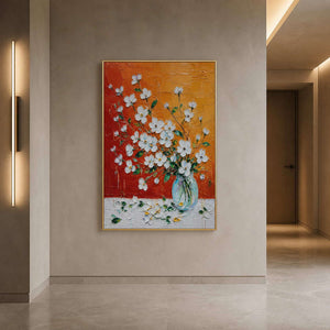White blossom artwork warming an elegant hotel hallway.