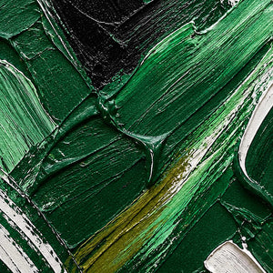 Close-up of thick emerald, mint, black, olive, and white palette-knife strokes.