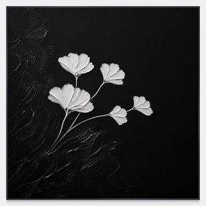Hand-painted sculptural white leaves arranged over a textured black canvas.
