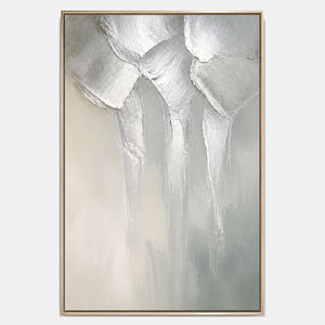 Hand-painted textured floral wall art with white, neutral, and blue tones.