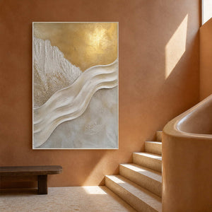 Textured ivory relief artwork on a terracotta stair landing.