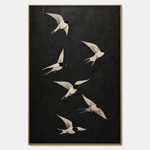 Hand-painted crane wall art with black, white, and neutral tones.