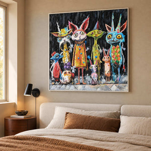 Artwork showing a row of wide-eyed animal-like characters in orange, turquoise, yellow and pink on black in a bedroom near the bed, with a white frame.