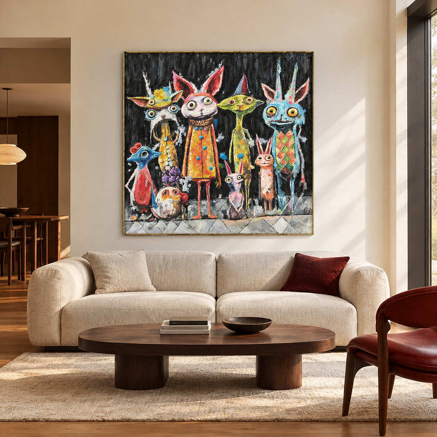In a living room above seating, an artwork with a gold-colored frame shows a row of wide-eyed animal-like characters in orange, turquoise, yellow and pink on black.