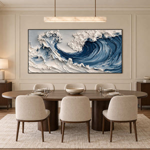 Curling wave artwork above a dark oval dining table and pale upholstered chairs.