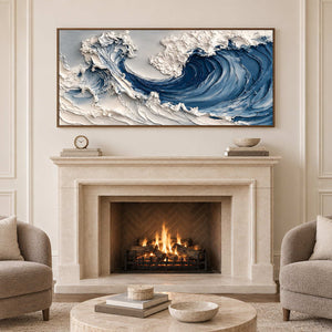 Wide seascape painting above a traditional pale fireplace with a small mantel clock.