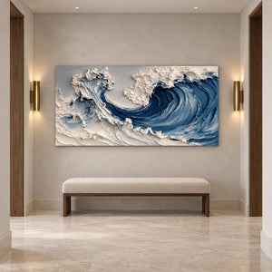 Blue wave artwork above an upholstered bench between two vertical wall lights.