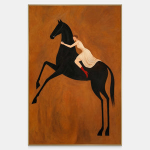 Front view of Wild at Heart, showing a cream-dressed rider embracing a rearing black horse against warm ochre.