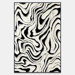 Vertical black and white abstract painting with thick looping ridges and narrow dark channels.