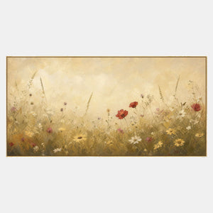 Panoramic golden wildflower painting with red poppies and ivory blooms.