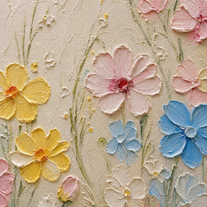 Close-up of raised hand-painted texture in pink & blush, blue, and warm tones.