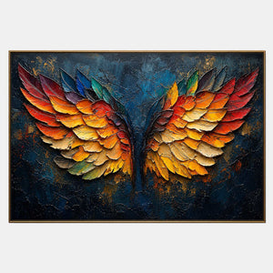 Hand-painted textured angel wing wall art with black, warm tones, and blue tones.