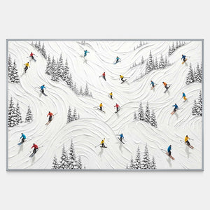 Front view of Winter at Play, a horizontal painting of small colorful skiers weaving between dark evergreens across textured white slopes.