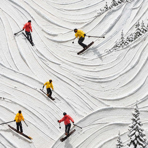 Close-up of Winter at Play showing red- and yellow-clad skiers following curved ridges in white textured snow.