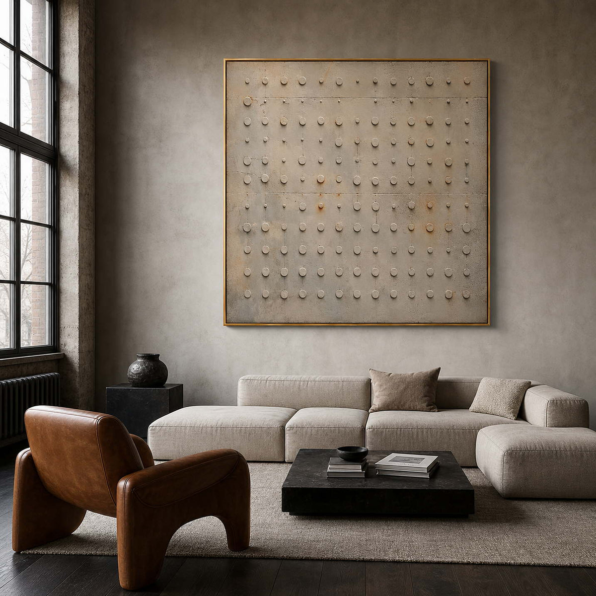 Wabi-Sabi wall art above a contemporary neutral living room sofa.
