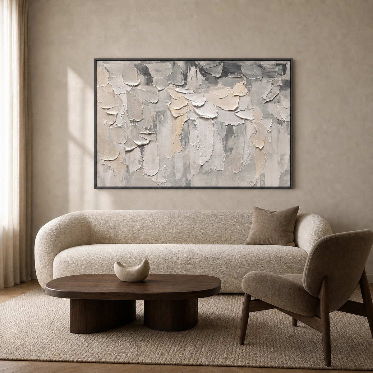 Neutral textured wall art in a refined modern living room.