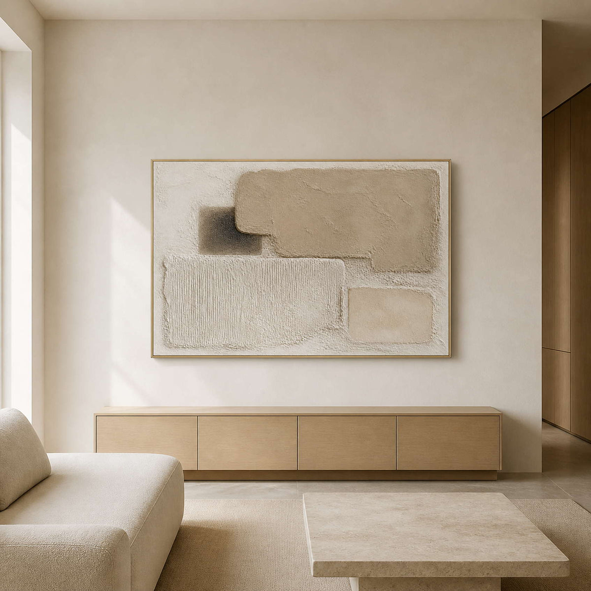 Textured neutral wall art in a warm white-oak living room.