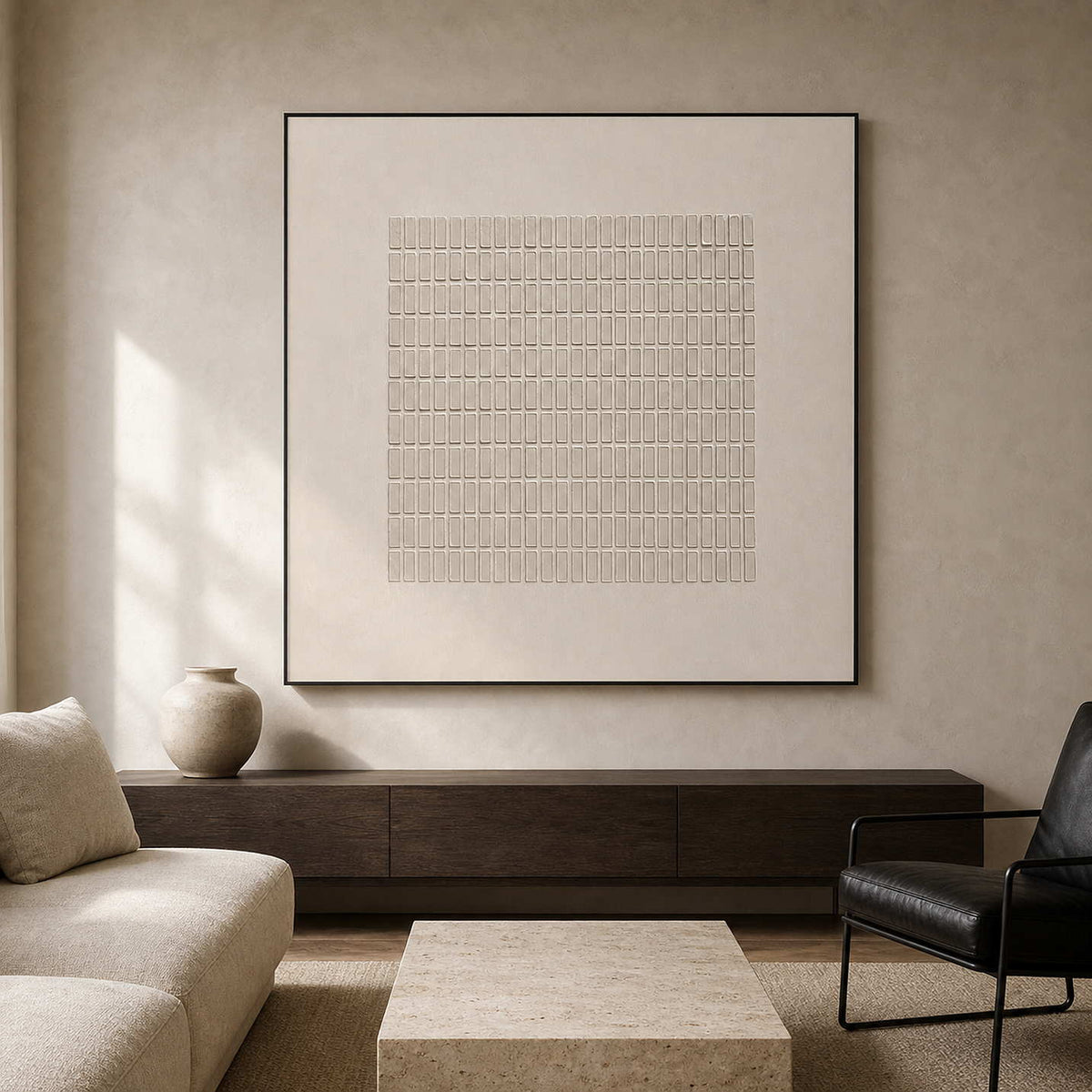Ivory minimalist textured wall art above a dark wood console in a warm neutral living room.