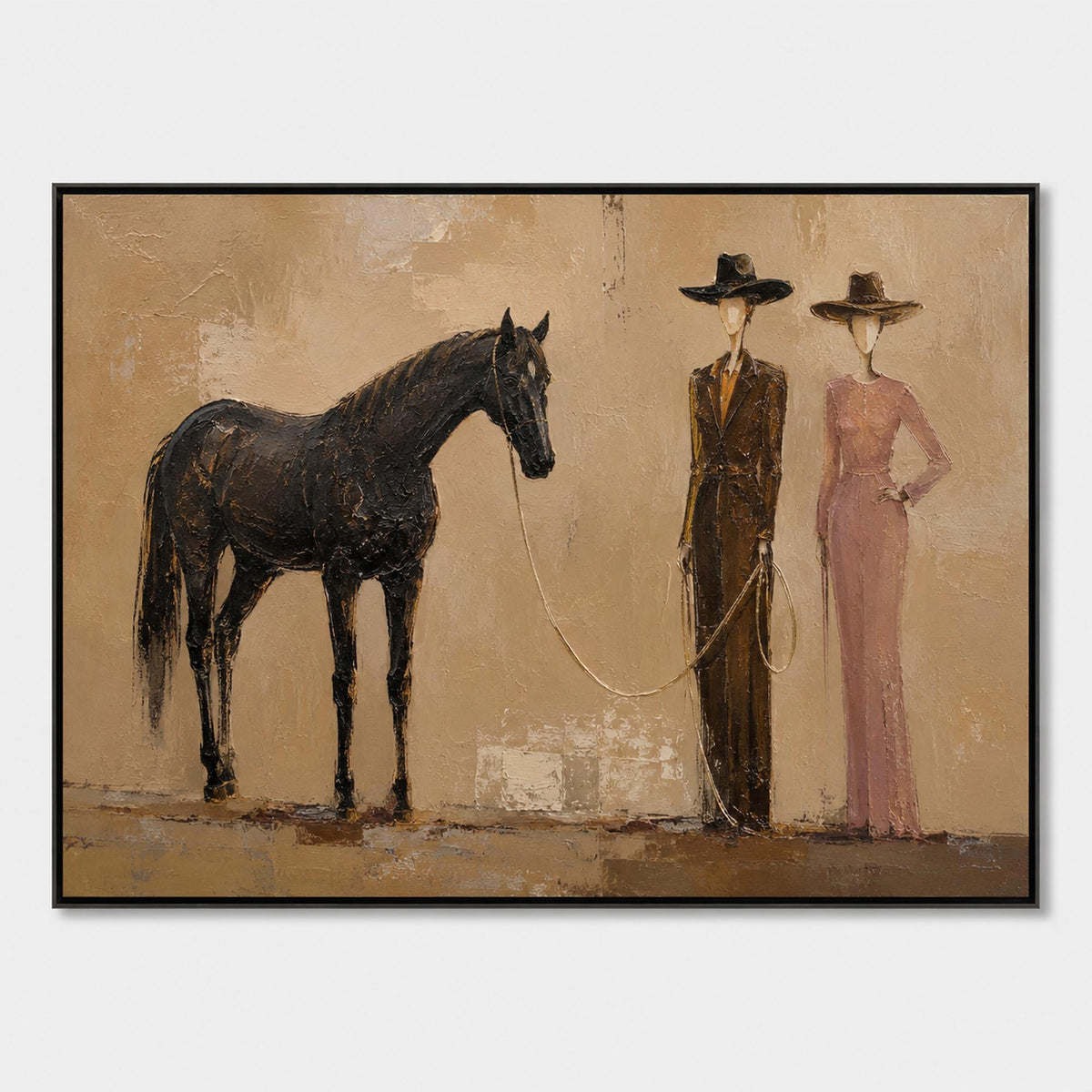 Hand-painted equestrian canvas with a black horse and two figures.