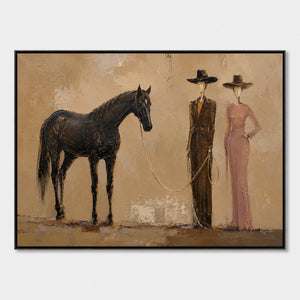 Hand-painted equestrian canvas with a black horse and two figures.