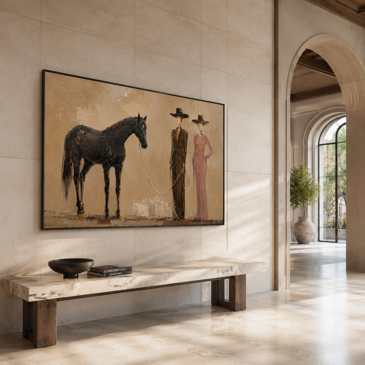 Equestrian wall art displayed in a luxury hotel lobby.